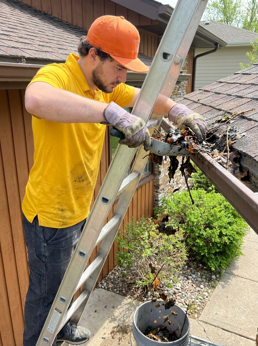 Cleaned eavestrough on an Edmonton home with leaves and debris removed